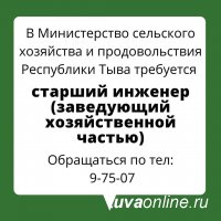 В Минсельхозе Тувы вакансия старшего инженера